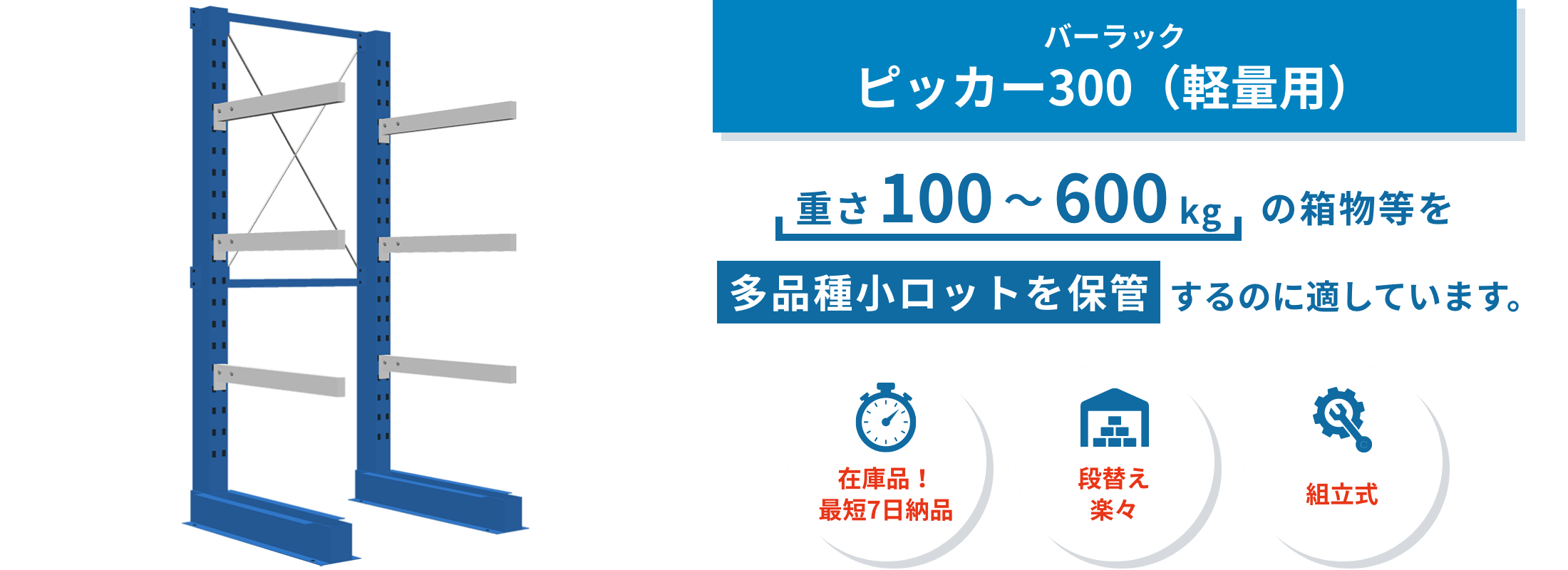 ピッカー300(軽量用) 軽量用バーラック「ピッカー300」は、人の手で扱うバラ材や小ロット品の保管に最適。使いやすい高さと奥行きでピッキング作業を支えます。