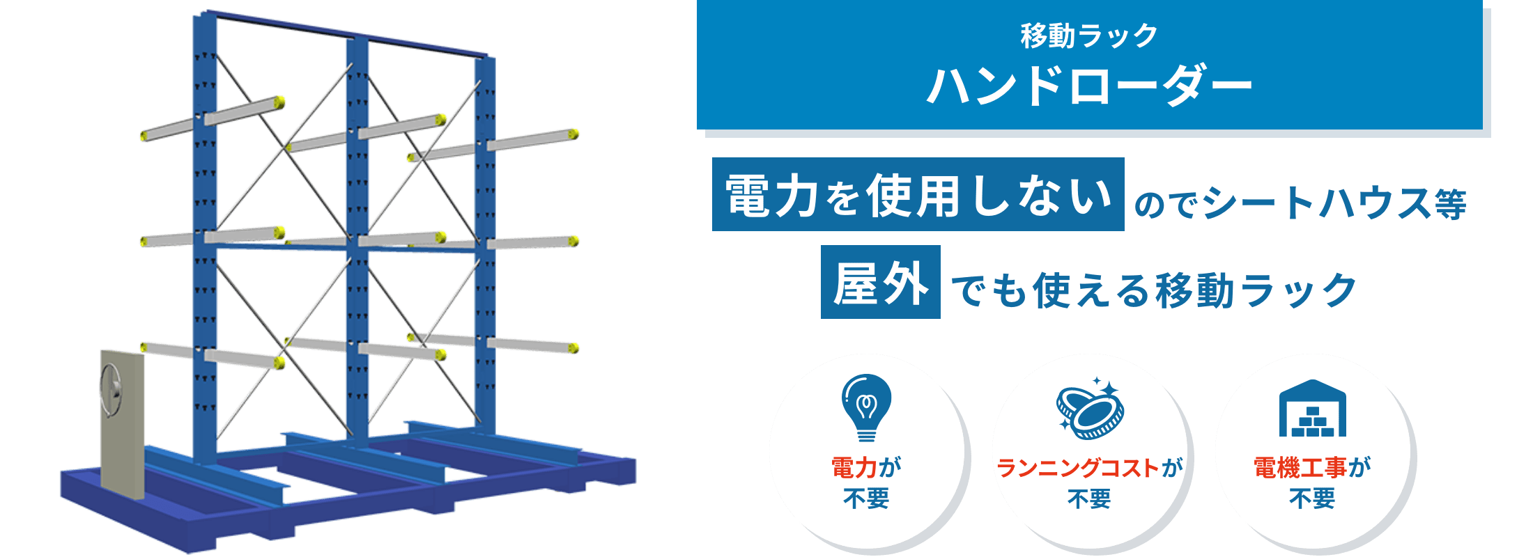 ハンドローダー 電気設備不要の手動式移動ラック「ハンドローダー」。省力操作で重量物を移動でき、限られた保管スペースを有効活用できます。