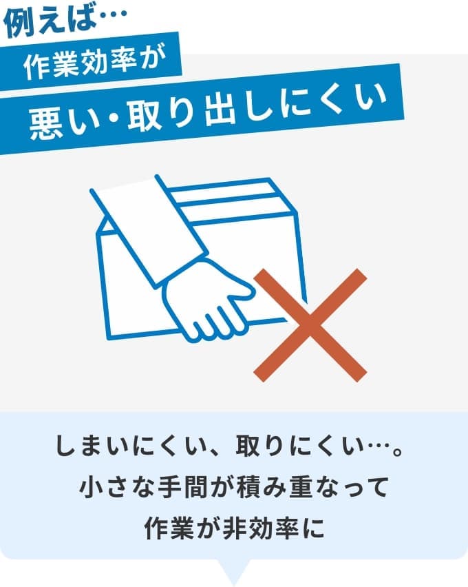 作業効率が悪い・取り出しにくい しまいにくい、取りにくい…。小さな手間が積み重なって作業が非効率に