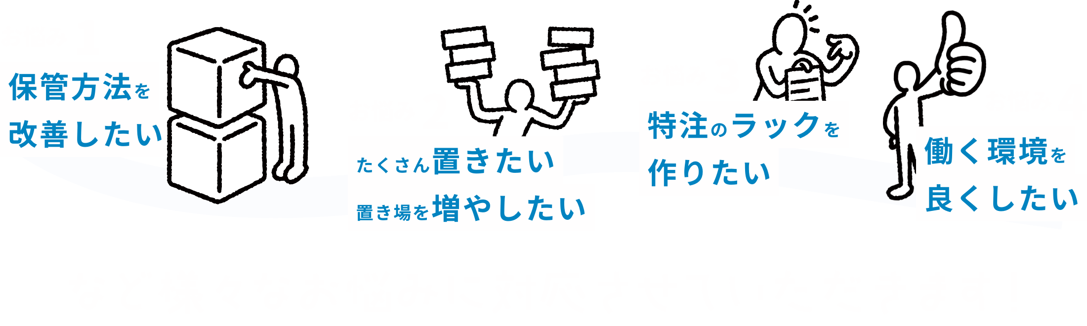 保管方法を改善したい・たくさん置きたい・置き場を増やしたい・特注のラックを作りたい・働く環境をよくしたいなど、様々なお悩みに対応させていただきます